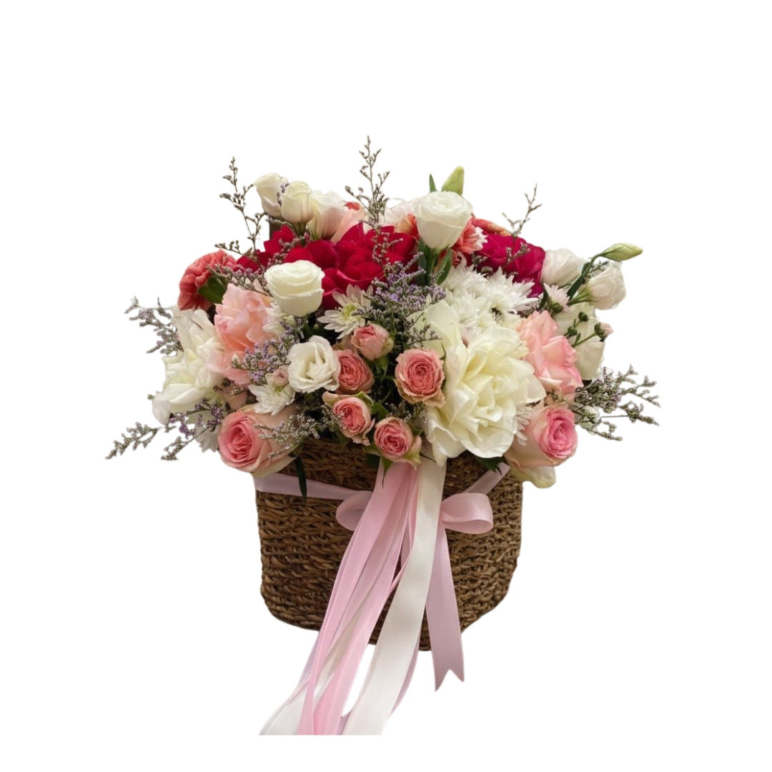 MIXED FLOWER IN BAMBOO BASKET